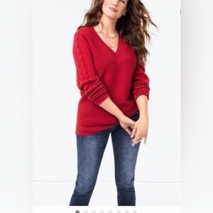 Cabi   Standout Red V-Neck Sweater with Cable Trim. NWT Sz Sm Relaxed Fit,Cotton